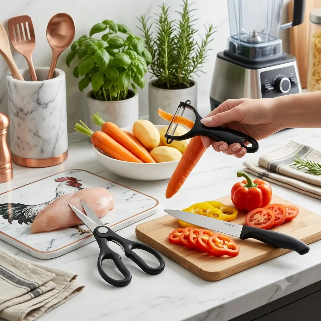 ست ۳ پارچه ابزار آشپزخانه DI EO پوست‌کن قیچی و چاقوی کاربردی کد 98