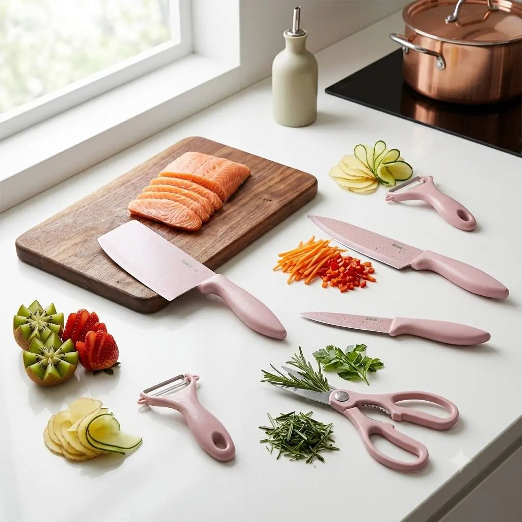 ست ۵ پارچه چاقو آشپزخانه DI EO شامل ۳ چاقو، قیچی و پوست‌کن صورتی کد 86