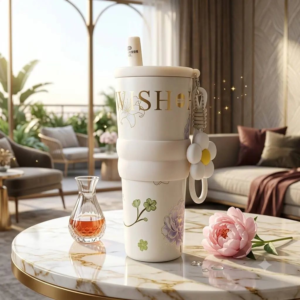 تراول‌ماگ بزرگ مدل Floral Charm ظرفیت ۷۱۰ میل دارای کاور سیلیکونی و آویز فانتزی کد 161