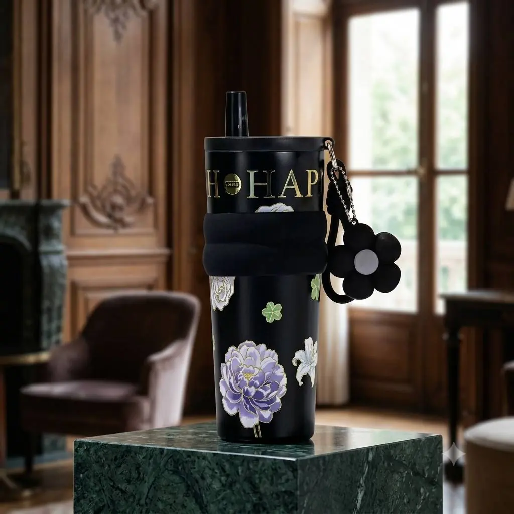 تراول‌ماگ بزرگ مدل Floral Charm ظرفیت ۷۱۰ میل دارای کاور سیلیکونی و آویز فانتزی کد 161