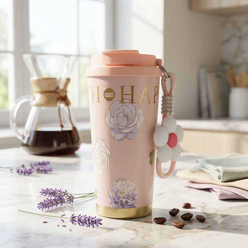 تراول‌ماگ گل‌دار سه‌رنگ ۵۲۰ میل مدل فانتزی Floral Charm با آویز گل کد 153