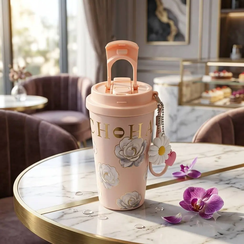 تراول‌ماگ گل‌دار سه‌رنگ ۵۲۰ میل مدل فانتزی Floral Charm با آویز گل کد 153