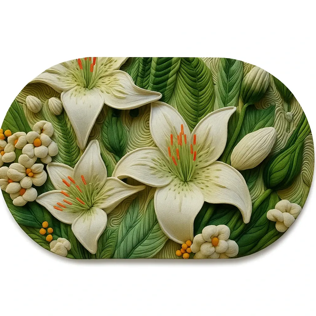 پادری طرح گل لیلیوم سه‌بعدی سفید و سبز سایز 60×40