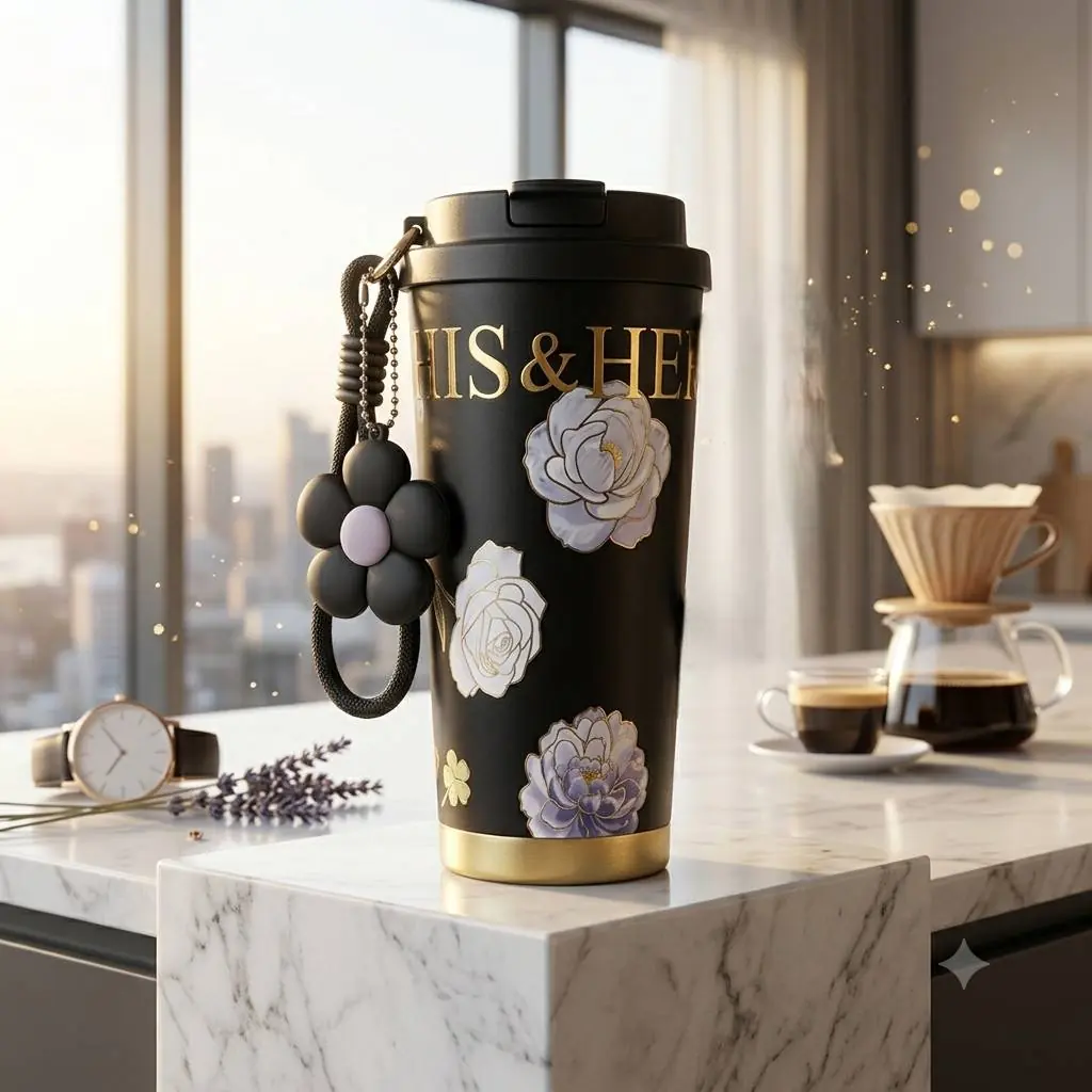 تراول‌ماگ گل‌دار سه‌رنگ ۵۲۰ میل مدل فانتزی Floral Charm با آویز گل کد 153