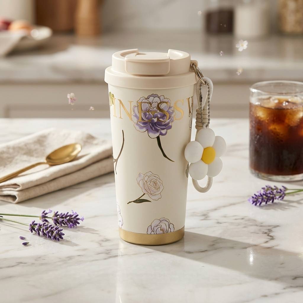 تراول‌ماگ گل‌دار سه‌رنگ ۵۲۰ میل مدل فانتزی Floral Charm با آویز گل کد 153
