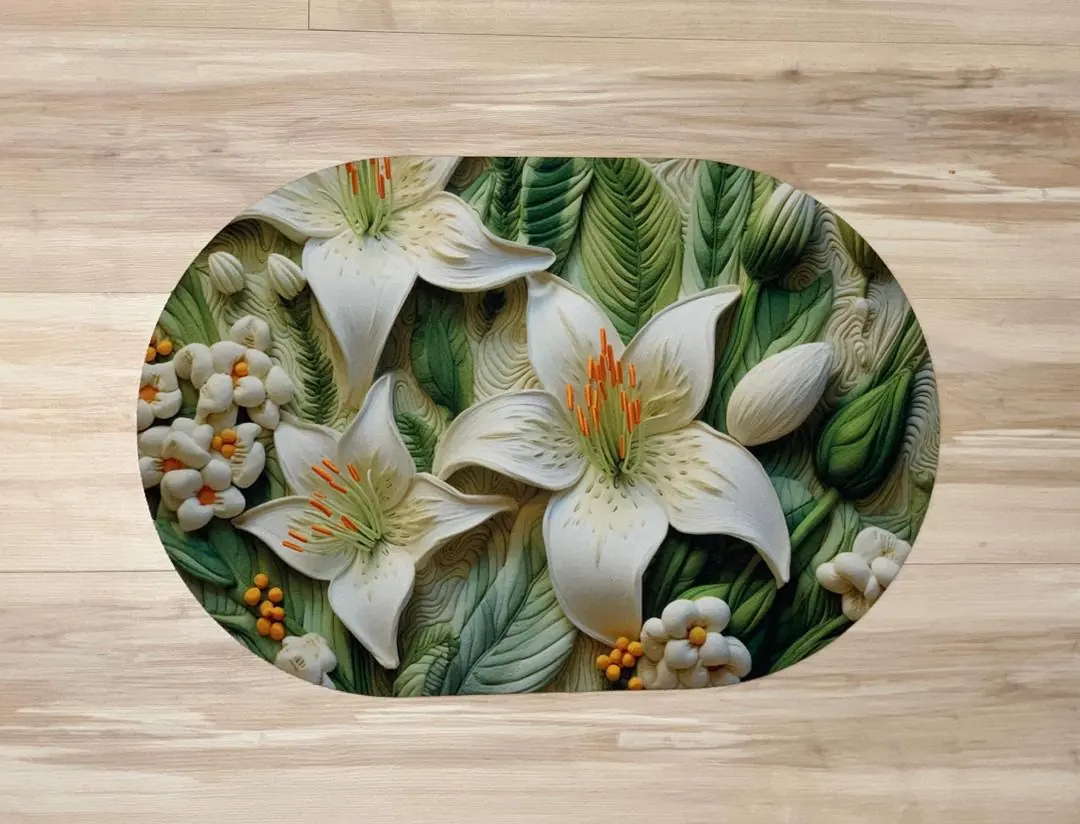 پادری طرح گل لیلیوم سه‌بعدی سفید و سبز سایز 60×40