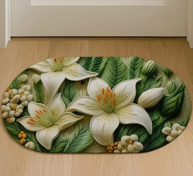 پادری طرح گل لیلیوم سهبعدی سفید و سبز سایز 60×40