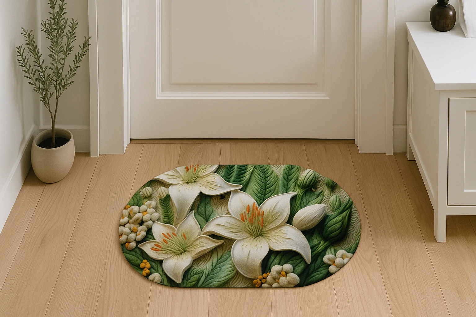 پادری طرح گل لیلیوم سه‌بعدی سفید و سبز سایز 60×40