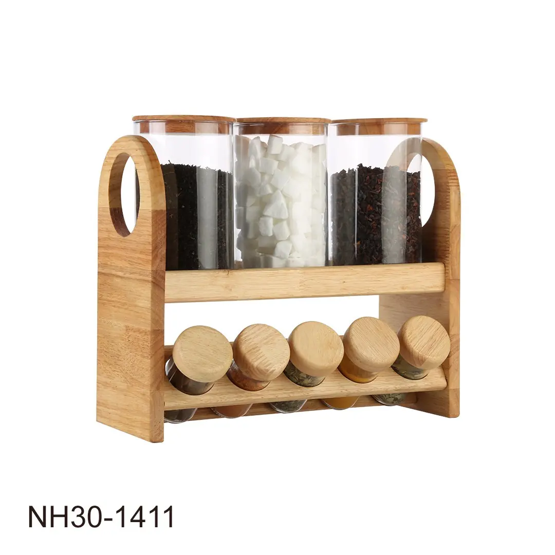 سرویس ۸ پارچه چایخوری و ادویه دیواره بلند شیشهای با پایه چوبی نیوهوم کد: NH30-1411